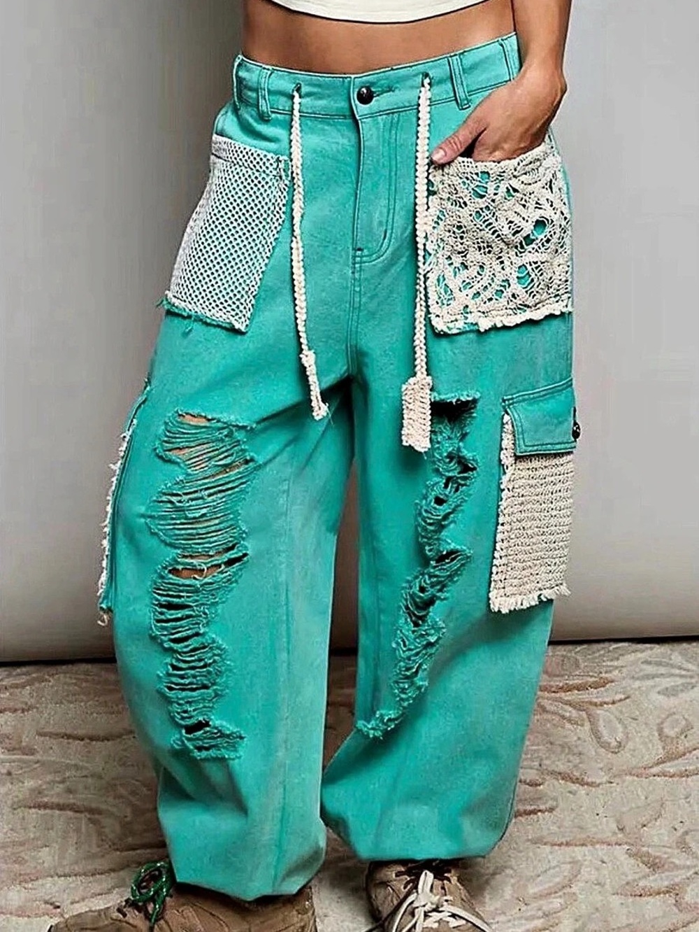 POL Mid-Rise Cargo Jeans Cargo Jeans Green & White